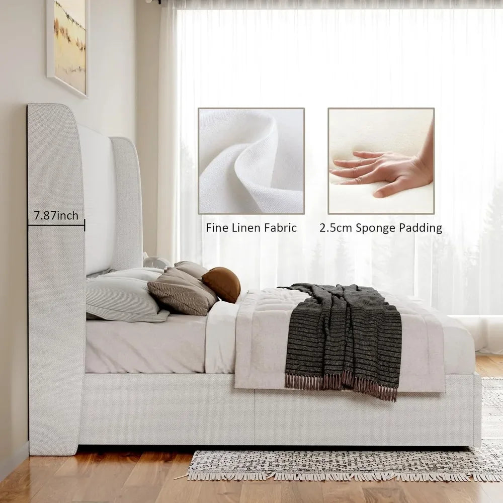 ANGDUO Modern Lift Up Upholstered High Wingback Linen Fabric Headboard Metal Frame King Size Platform Beds/Large Hydraulic Storage/No Box Spring Needed/ Dimensions: 84.25"L x 80.51"W x 51.18"H/Colors-White/Beige/Gray