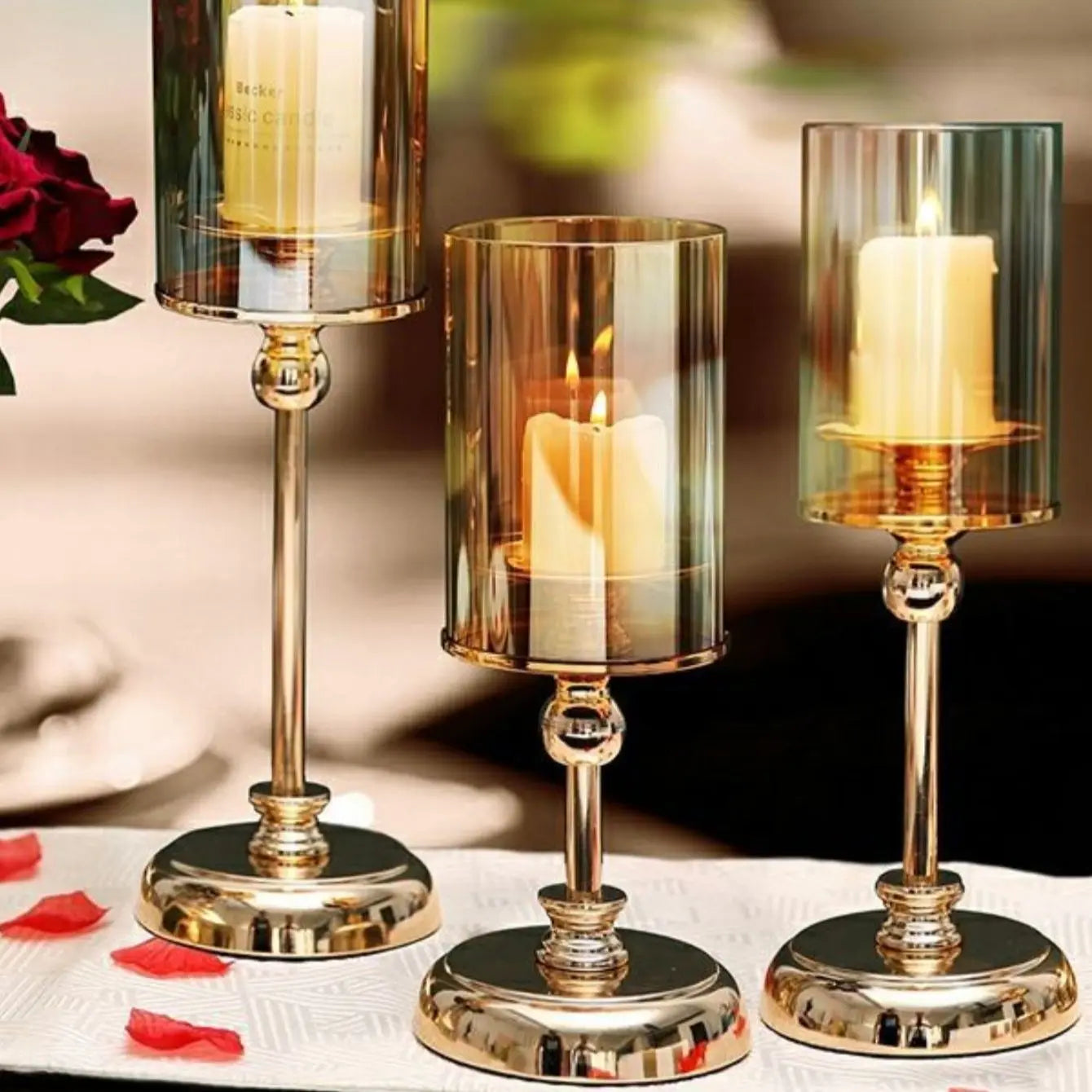 Traditional Chinese Gold Glass Column-Ball Pillar Matching Cup Candleholders/Sizes: S-M-L