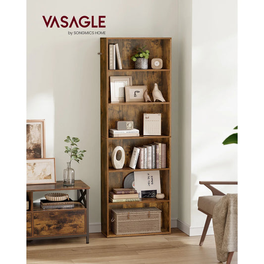 VASAGLE Rustic Brown Six Shelves Wood Particle Board Wall-Mounting Ant-Tilt Protection Metal Brackets Rack Bookcases/ Size: 24 x 60 x 178.5 cm/Mounting Kit Included