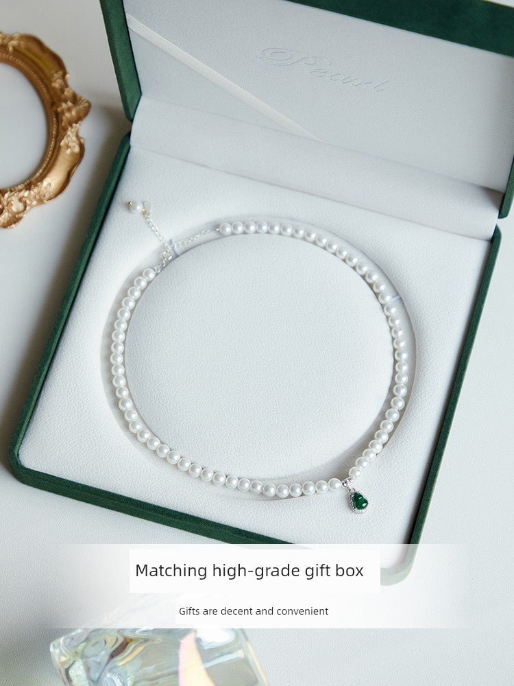 MOUNTAIN RULER Adult Women Fine Imitation Sterling Silver Metal White Mother-Of-Pearl Beads-Natural Green Gourd Jade Pendant Clavicle Chain Necklaces
