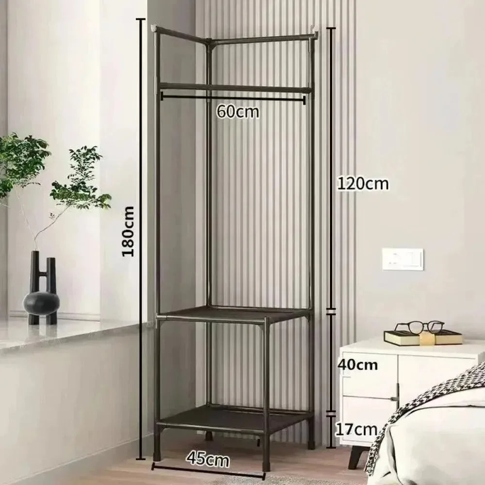 NULL Modern Black-White Hard Sturdy Plastic Tube Frame Non-Toppling Hanging Rod Top 2-3 Layer Shelves On Bottom Floor-Standing Foldable Corner Clothes Garment Racks