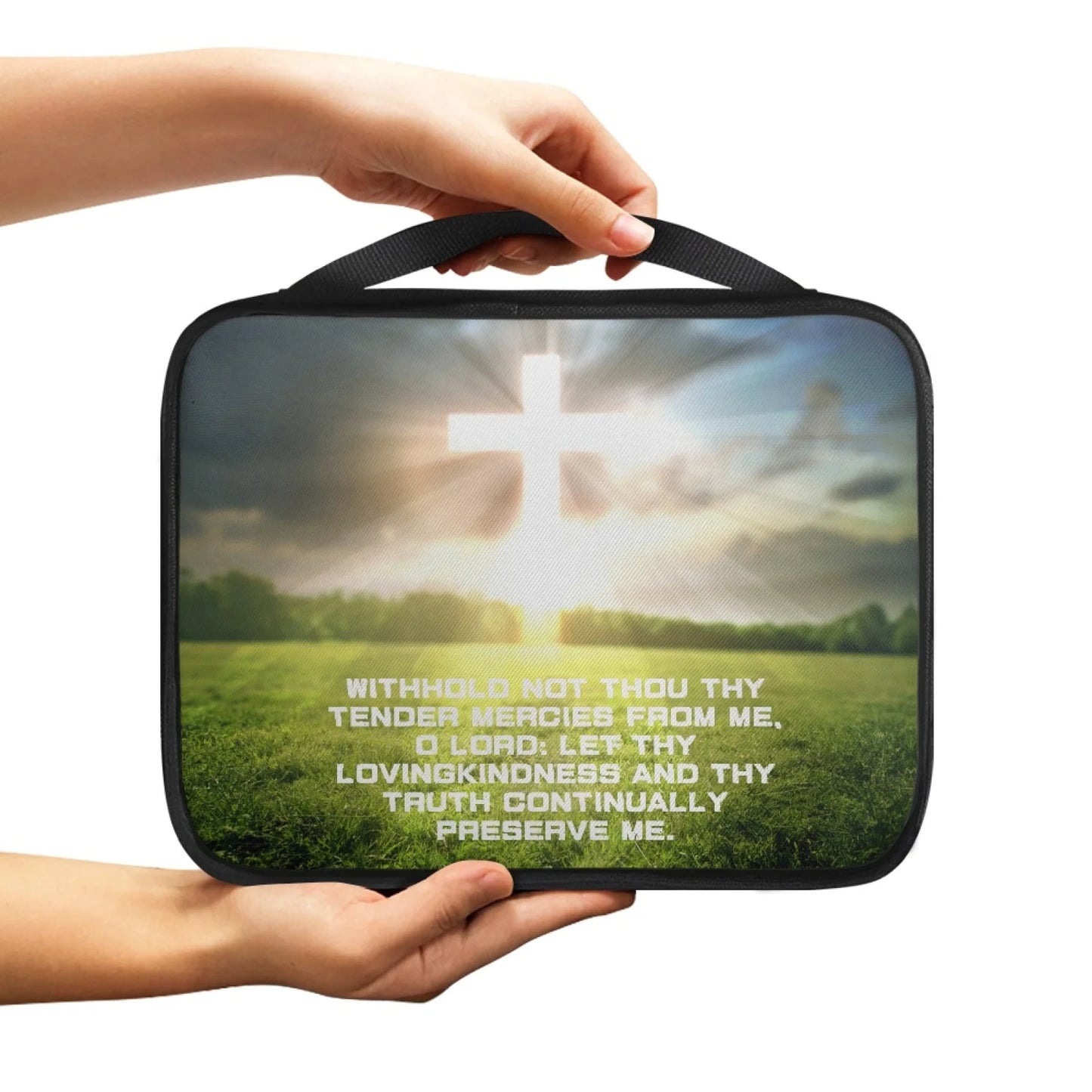 No-EN-Name-Null Religious Items Black Handle-Trim Polyester Fabric Rectangle Decorative Printed Cross-Psalms Bible Verses Theme Zippered Bible Covers/Many Bible Verses Styles/Handle