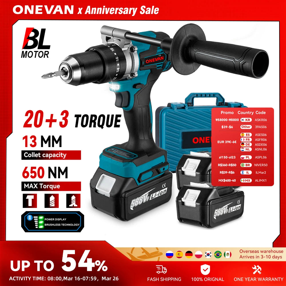 ONEVAN Multicolor Body Metal Keyless Drill Chuck Rechargeable Battery-Powered Cordless Brushless Adjustable Speed-Torque Built-In Lighting Electric Impact Drills Sets/Colors-Black/Blue/Silver/Green/Gray/Multicolor