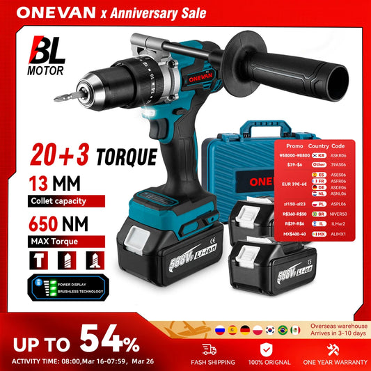 ONEVAN Multicolor Body Metal Keyless Drill Chuck Rechargeable Battery-Powered Cordless Brushless Adjustable Speed-Torque Built-In Lighting Electric Impact Drills Sets/Colors-Black/Blue/Silver/Green/Gray/Multicolor