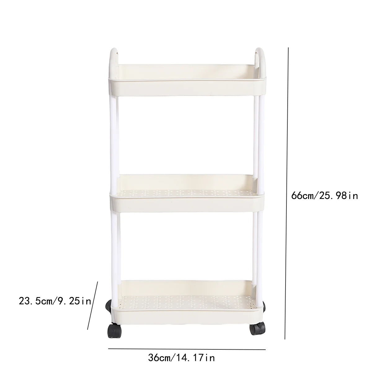 Kitchen 2 Handles Plastic 3-4 Tier Shelves White-Black Storage Utility Carts/ 360 Degrees Rotation/ 2 Easy Lockable Plastic Wheels