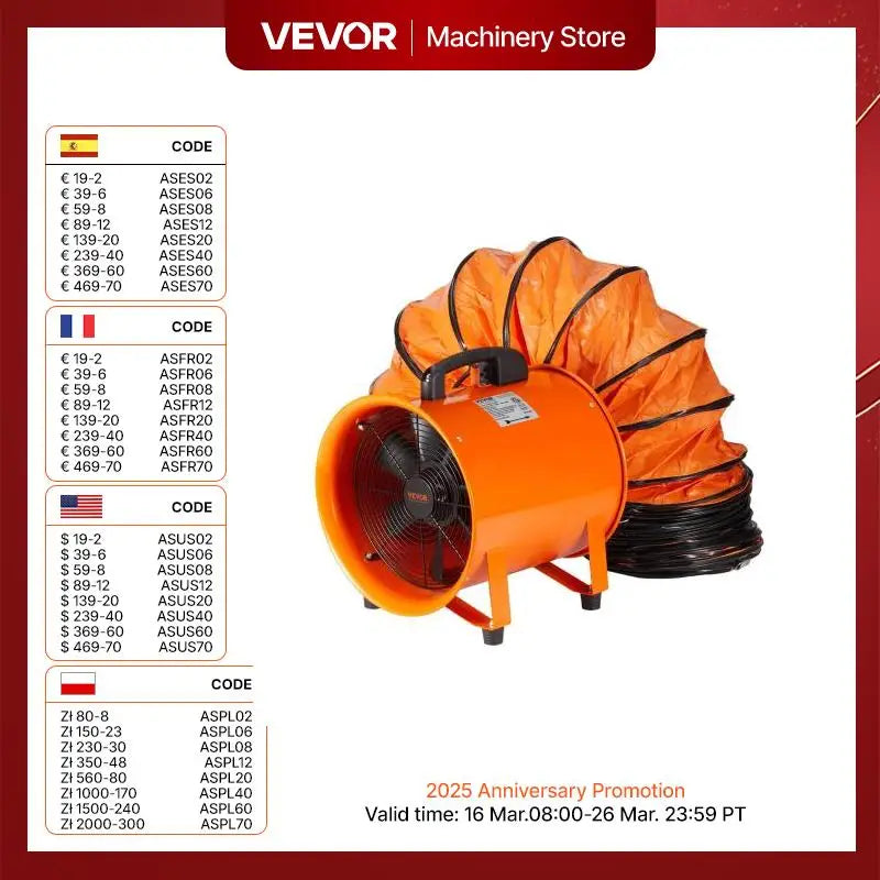 VEVOR Portable Two Gear Speed Round Orange Metal Industrial Cylinder Shaped AC-Powered Motor Exhaust Ventilation Fans/16.4 Feet Flexible Orange-Black PVC Duct Pipe Hoses Included/Power Cord 5.9 Feet Included