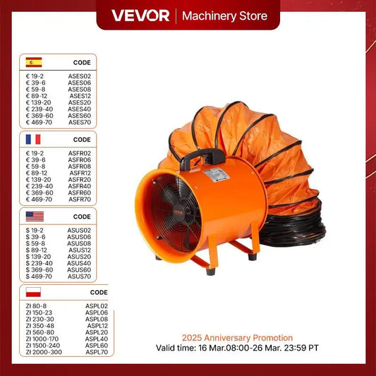 VEVOR Portable Two Gear Speed Round Orange Metal Industrial Cylinder Shaped AC-Powered Motor Exhaust Ventilation Fans/16.4 Feet Flexible Orange-Black PVC Duct Pipe Hoses Included/Power Cord 5.9 Feet Included