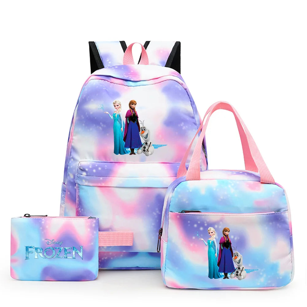 Disney Kids Cute Cartoon Frozen Movie-Elsa-Anna Multicolor Large Waterproof Nylon Fabric Zipper Pockets Shoulder Straps-Handle Single Compartment School Backpacks Sets/ Lunch Bag/Pencil Bag/Colors-Pink/Blue/Multicolor