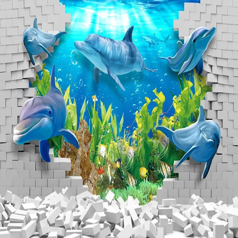 JIADOU Waterproof 3D Printed Sea-Dolphin-Floral Custom Mural Self-Adhesive Plastic Canvas Wood Fiber Wallpaper