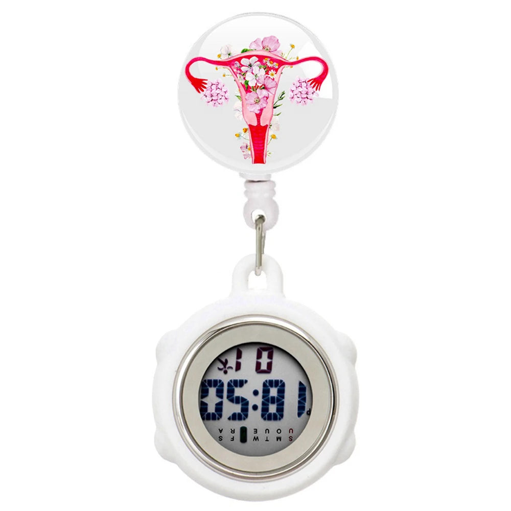 No-EN-Name-Null Waterproof Black Plastic Round Cover Glass Face Digital Display Retractable Printed Floral Anatomical Designs Nurse-Doctor Hanging Metal Alloy Fob Pocket Watches/Colors-Black/White/Pink/Blue