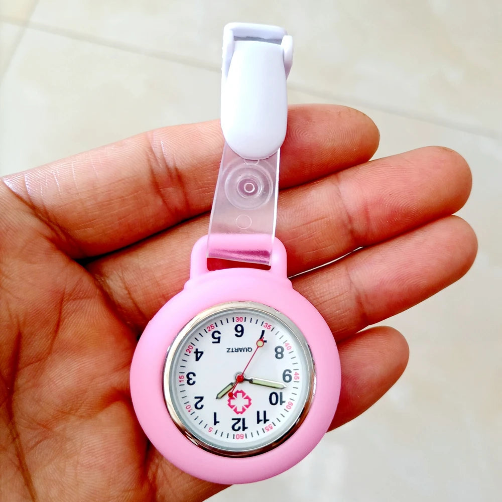 No-EN-Name-Null Adults Waterproof Quartz Analog Display Nurse-Doctors Glass Face Round Metal Alloy Case Red Silicone-Rubber Covered-Straps Arabic Numeral Clip-On Fob Pocket Watches /Colors-Pink/Red/White/Black/Purple/Light Blue/Blue