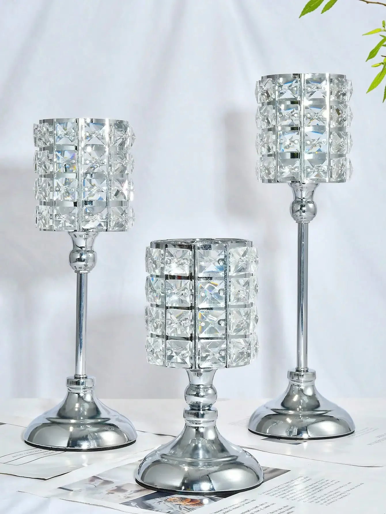 3 PCS Set S-M-L Iron Crystal Tea Light Candlestick Holders/Colors-Gold/Silver/Black