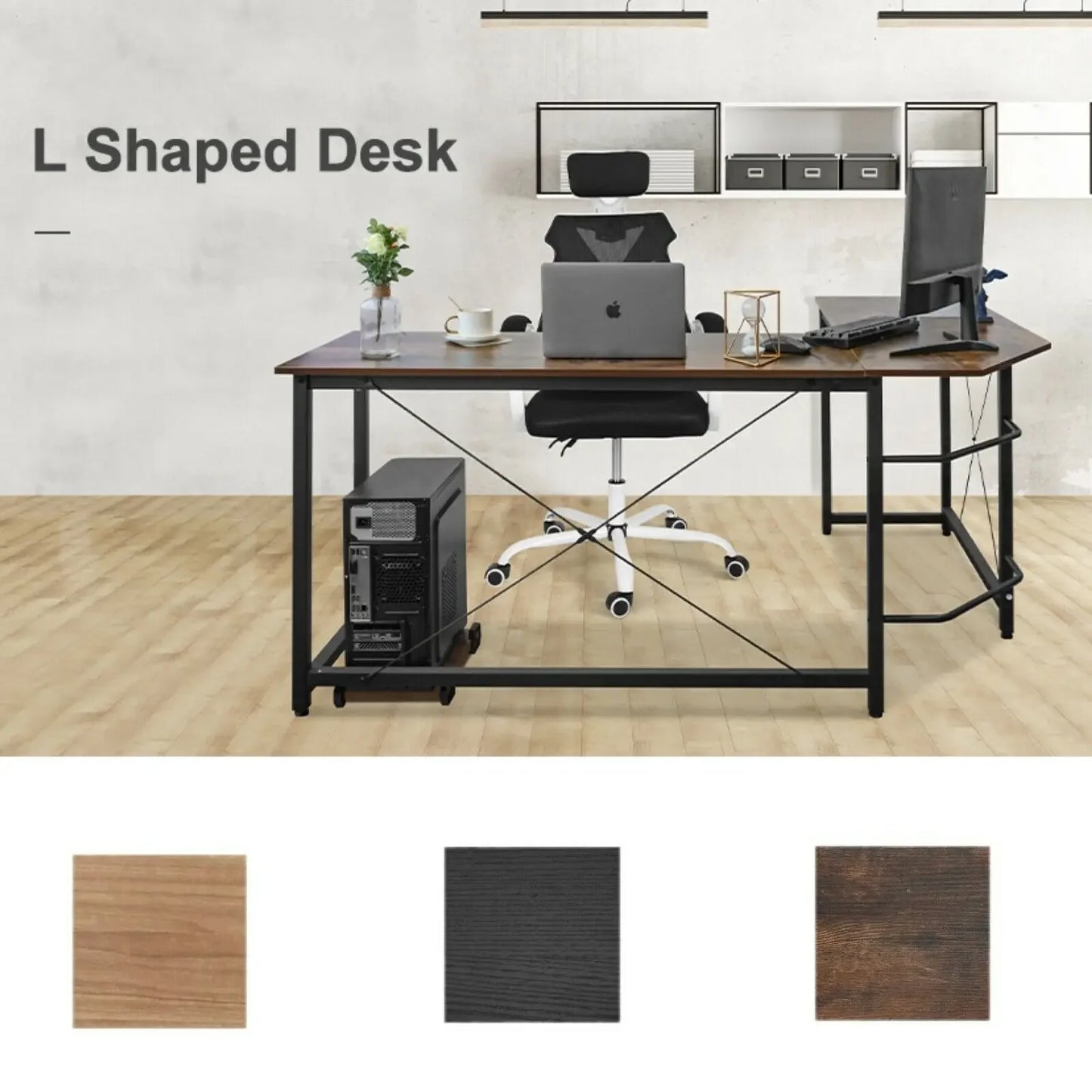 NULL Modern L-Shaped Corner Sturdy X Crossbar Design Brown Solid Wood Top Black Steel Metal Frame Gaming Laptop Computer Desks / Size: 190cm x 120cm x 75cm/Colors-Brown Tiger Wood Color/Black Wood Color/Assembly Required/Shelves/Storage Options