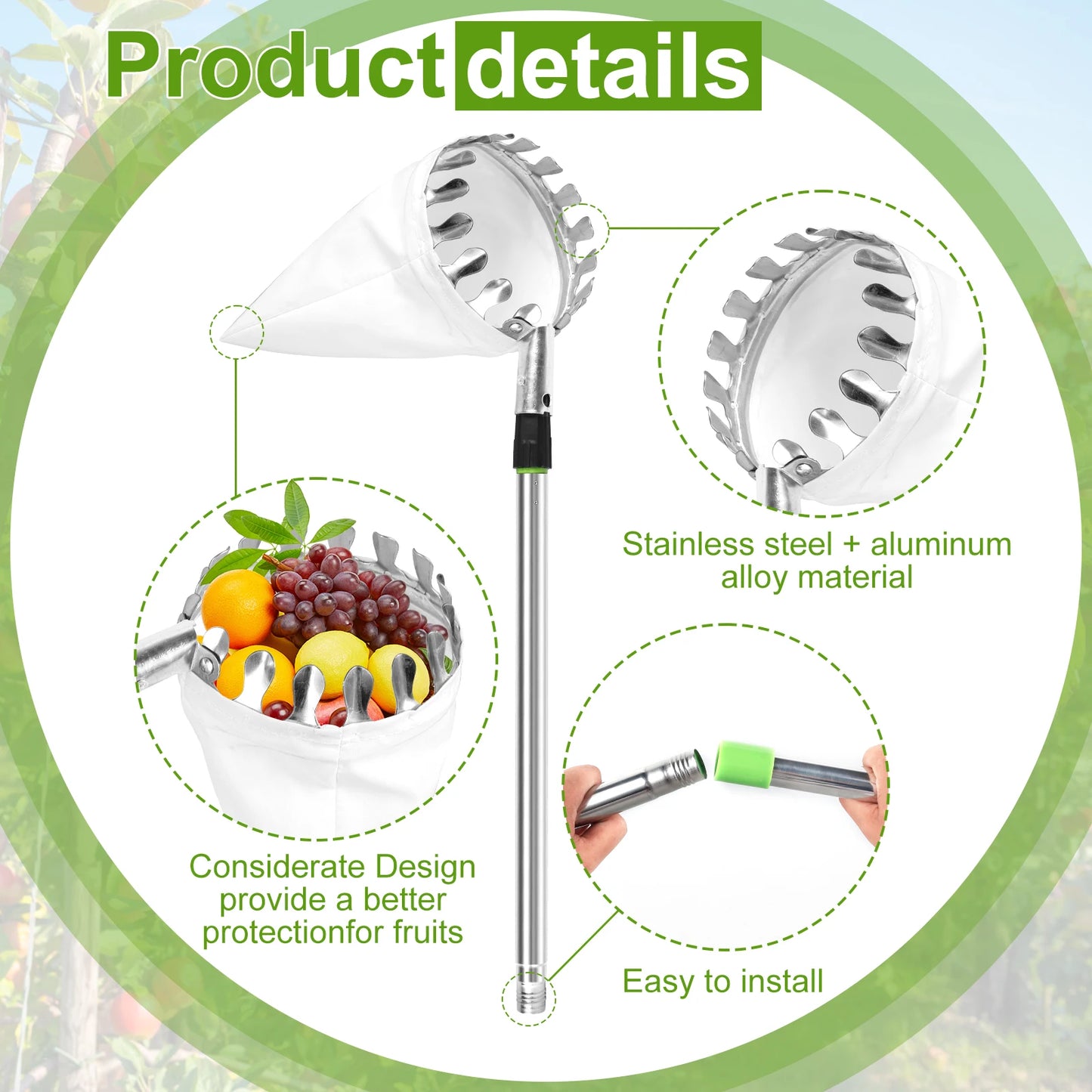 TOORISE Green-Silver Stainless Steel-Aluminum Lightweight One Fruit Picking Pole Head Basket Gardening Tools/1-Picking Basket/1-Splicing Rod/1-Storage Bag