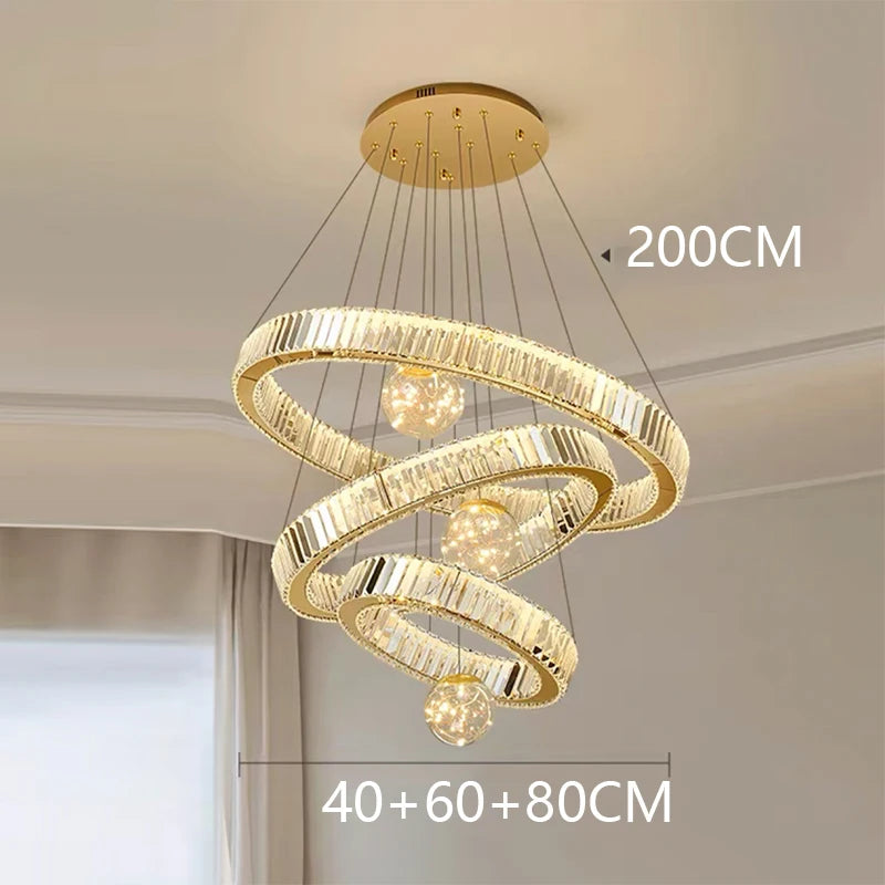 Modern Stainless Steel LED Warm Cool Twisted Ring Cord Pendant Hanging Crystal Chandelier Ceiling Lights/Dimming Remote Control/Touch On-Off/Colors-Gold/Silver