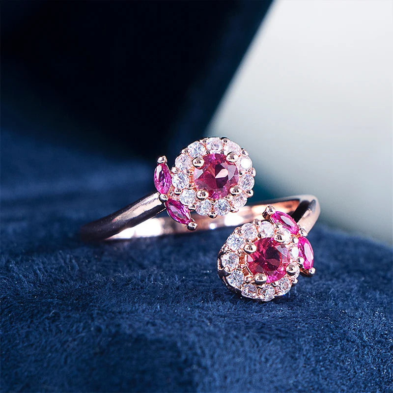 CELLA CITY Women Sterling Silver Rose Gold Plated Metal Shiny Floral Flower Shapes Zircon Clear White-Garnet Ruby Red Gemstones Adjustable Size Fine Cocktail Band Rings/Colors-Red/Floral/Geometric
