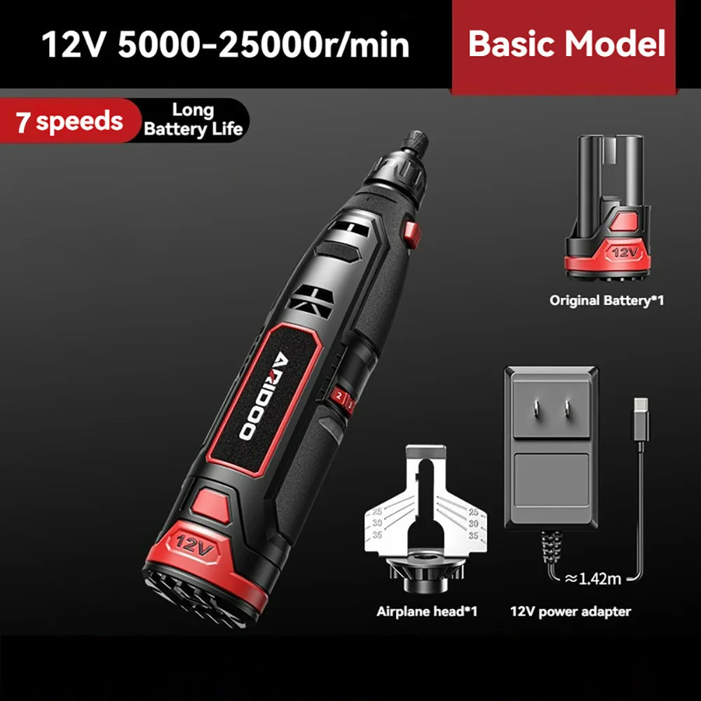 NULL Mini 12V Cordless Anti-Shaking Red-Black Plastic Body Adjustable 7 Speeds Keyless Chuck Rechargeable Battery-Powered Angle Steel Grit Grinding Head Chainsaw Sharpener Rotary Handheld Power Drills