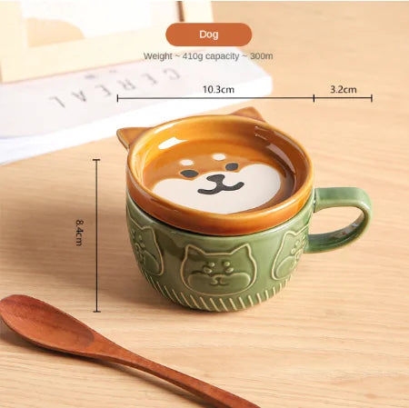 Kitchen Round Japanese Ceramic Funny Cartoon Cute Cat Coffee Mugs-Creative Cover/Colors-Blue/ Brown/Milk Yellow