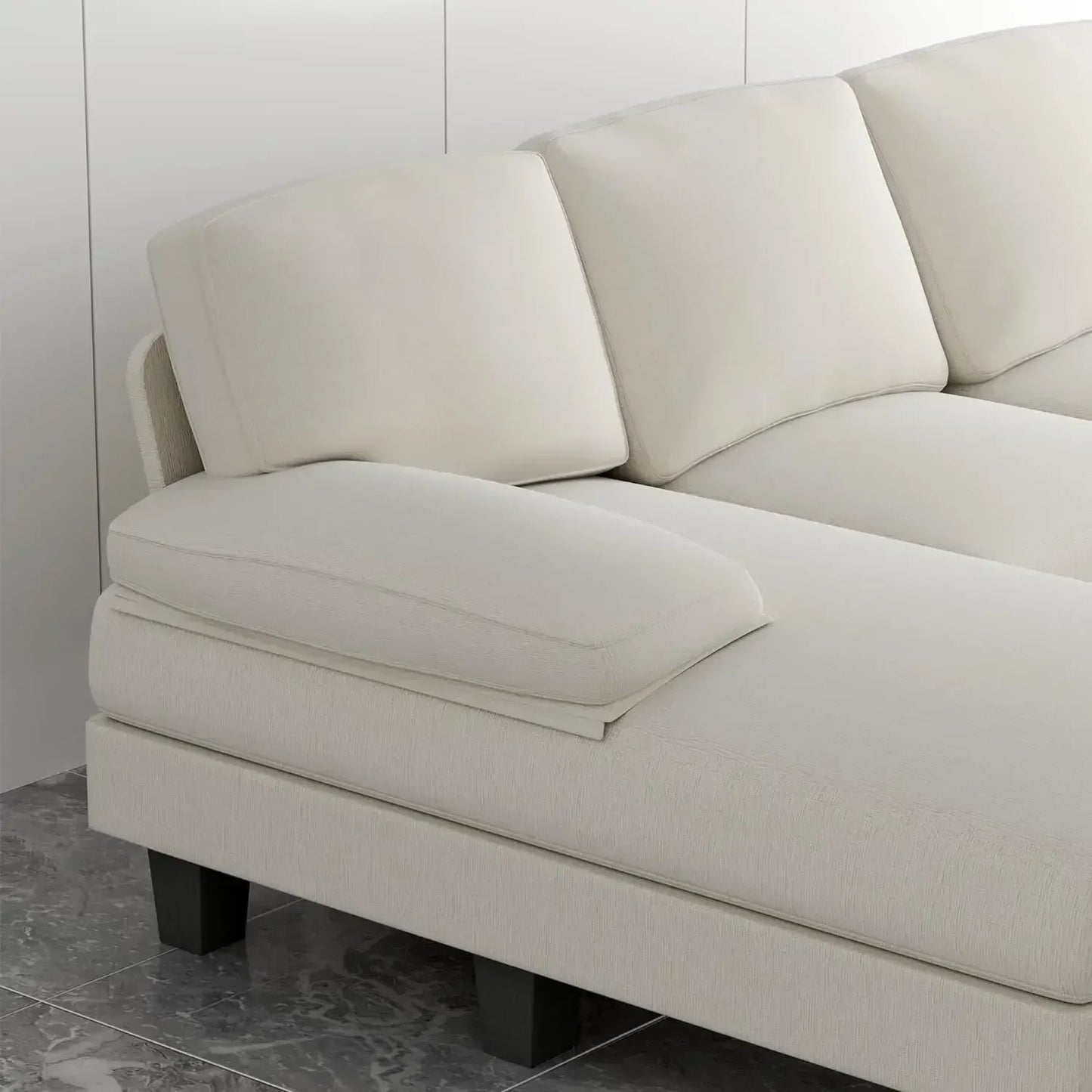 No-EN-Name-Null Modern Soft White U-Shaped Breathable Futon Fabric Solid Wood Panel Frame Double Chaise Medium Firmness Soft Comfortable Sectional Sofas/Washable Covers/4 Metal Legs