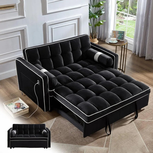 No-EN-Name-Null 3-In-1 Medium Soft Adjustable Backrest Pull Out Black Tuft-White Trim Soft Velvet Fabric Metal Frame Convertible Seat-Recliner-Sleeper Bed Sofas/2 USB Ports /2 Pillars /2 Pockets/Colors-Black Tuft/Gray Tuft/Light Gray Tuft/