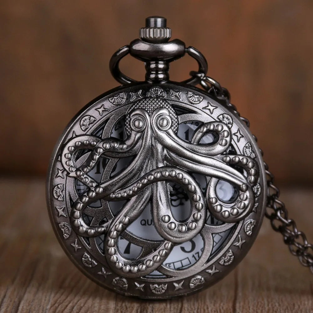 SOXY Adults Men Retro Round Shaped Glass Window Face Analog Display Stainless Steel Metal Black-Bronze Octopus Sea Creature Quartz Movement Chain-Pocket Watches