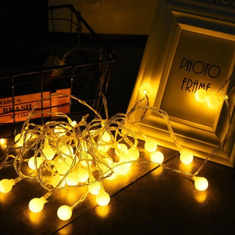 OKAL-RED-EAST Indoor-Outdoor Warm White LED Glowing Round Ball AC-Powered Light Ropes-Strings /USB Plug/3 AA Batteries Not Included/Colors-White/Yellow/Red/Multicolor/Shapes: Stars/Balls/Snowflakes