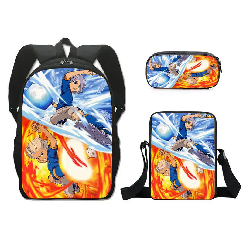 FANTASY VALLEY Women 3 PCS Softback Anime Inazuma Eleven Zippers Waterproof Multicolor Oxford Nylon School Backpacks Sets/ Colors-Black/Blue/Multicolor