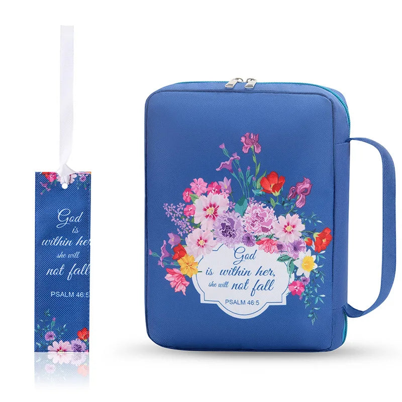 ALL GLORY Soft Handle Blue Floral Design Saying God Is Within Her She Will Not Fall Psalms 46: 5Metal Zippered Internal Pockets Nylon Fabric Polyester Lining Religious Items Bible Cover Cases/Colors-Various Floral Patterns