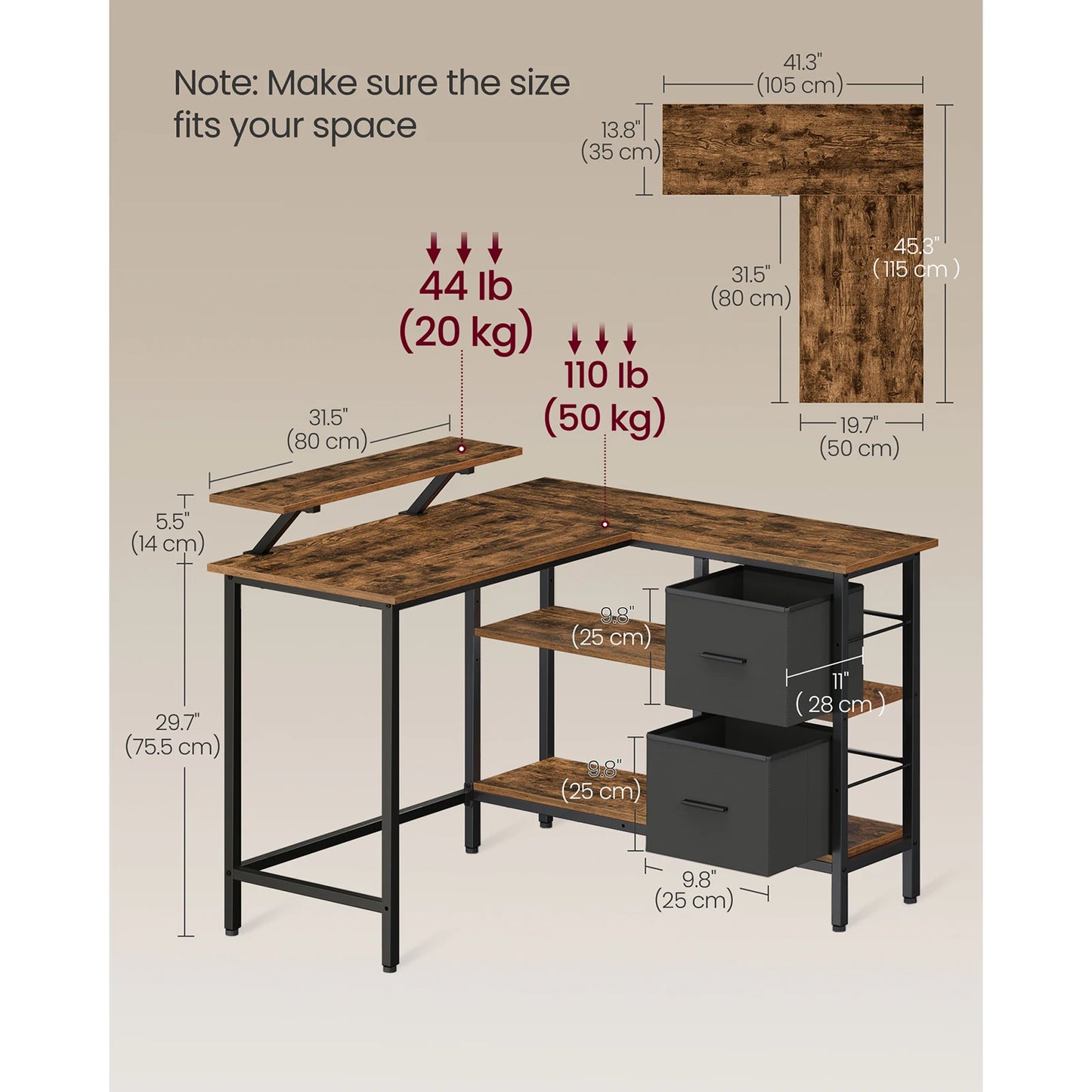 VASAGLE Modern L-Shaped Rustic Brown Wood Top-Reversible Drawers Design Black Steel Metal Frame Two Non-Woven Fabric Drawers Corner Middle Shelves 3-Levels Adjustable Height Computer Desks /Size: 115 x 105 x 89cm/Storage Options