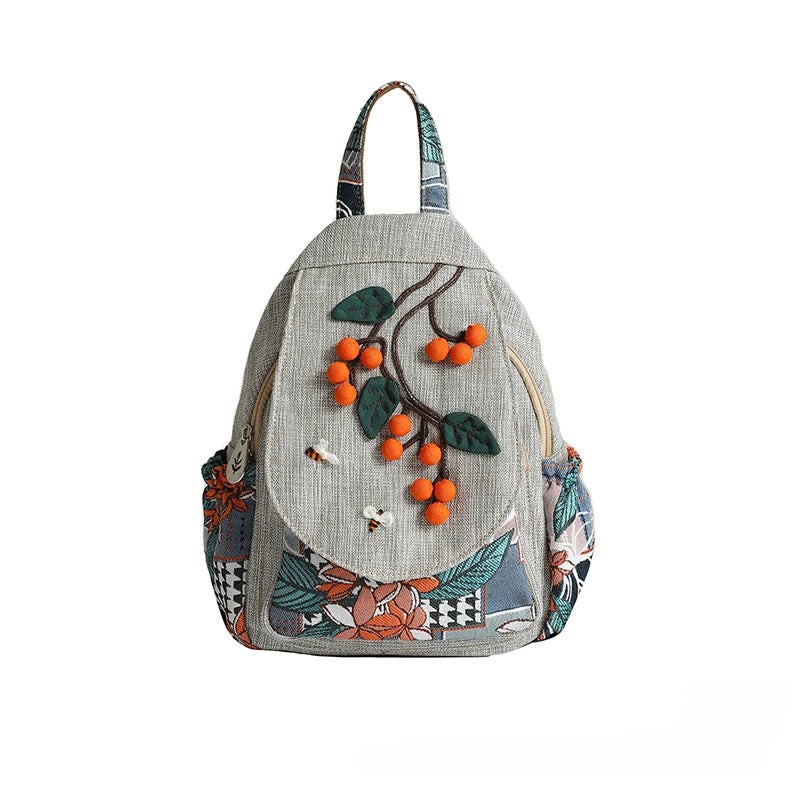 No-EN-Name-Null Women Large Lightweight Light Gray Polyester Fabric Mainland China Multicolor Floral Design Zippered External Front Pockets Back Zippered Shoulder Straps-Handle Single Compartment Travel Backpacks