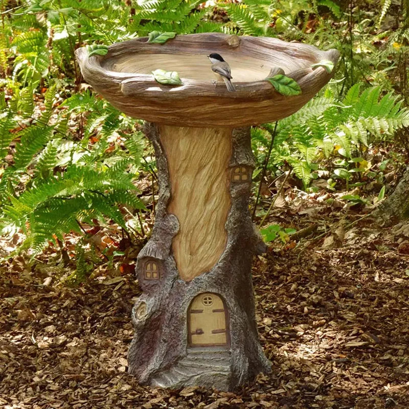 No-EN-Name-Null Outdoor Garden Inspired Fairy House Brown Round Shaped Resin Landscape-Door In Realistic Old Wood Grain-Bark On Tree Trunk-Stairs-With A Small Window Design Free-Standing Full-Size Birdbaths
