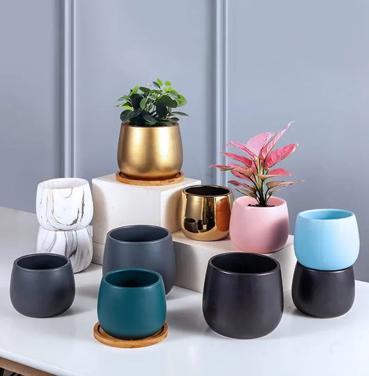 No-EN-Name-Null Modern Small Glazed Ceramic Multicolor Round Shaped Desktop Flower Pots Planters /Colors-Colors-Gold/Blue/Pink/Gray/Black/White/Multicolor