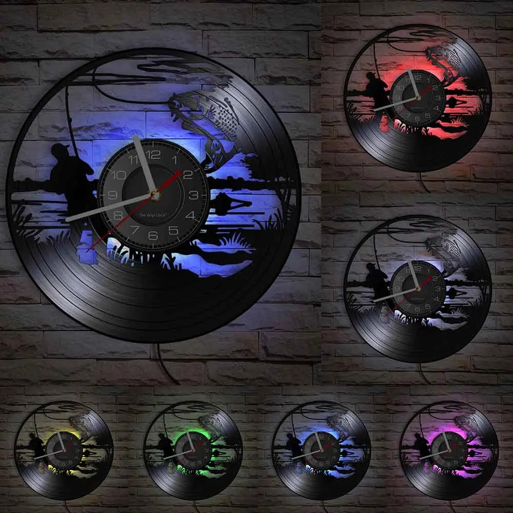 Retro Handmade Plastic Vinyl Record Gone Fishing Silhouette Of Fisherman Catching A Fish With Rod-N-Reel Wall Clocks/Battery Not Included/ 1 AA Battery Size/With-Without LED Light/Colors-Black/Geometric
