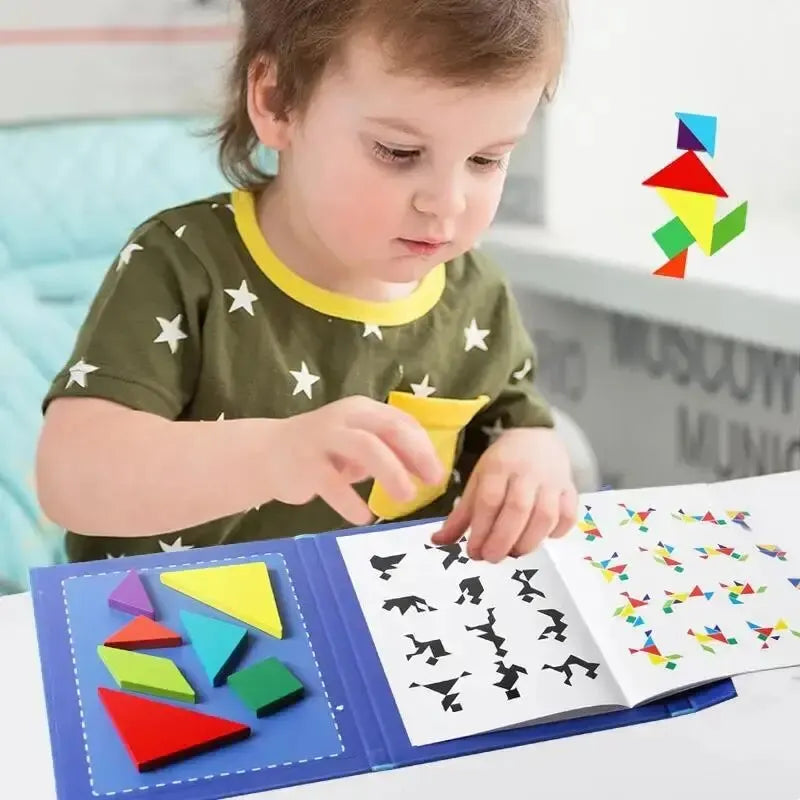 TLEWJ Parent-Child Geometric Multicolor Wood Magnetic 3D Jigsaw Tangram Puzzle Shapes-Animals Theme Books Wood-Pegged Puzzles/Ages: 3-12 Years Old/Levels-Easy-Medium-Hard