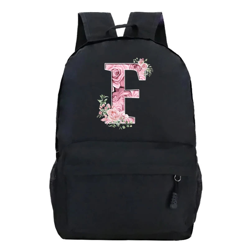 No-EN-Name-Null Waterproof Large Black Softback Nylon Fabric Printed Floral Pink Rose First Name Initial Letter Curved Back Zipper Canvas Lining Built-In Laptop Compartment Shoulder Straps-Handle Zippered External Pockets School Backpacks