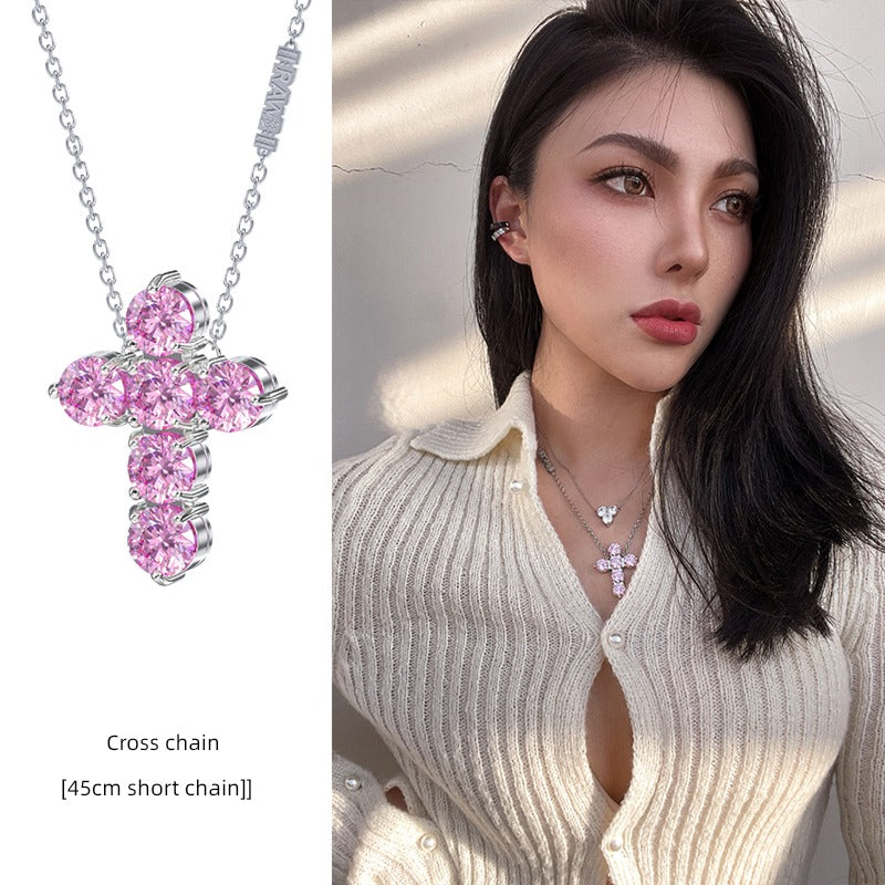 RAWNESS Unisex Couple's Fine Imitation Titanium Steel Metal Gold-Plated BIG Inlaid Artificial Gemstones Multicolor-Clear White Shiny Diamond-Like Moissanite Stones Cross Pendant Chain Hip Hop Necklaces/Colors-Gold/Sliver/Pink/Blue/Clear/White
