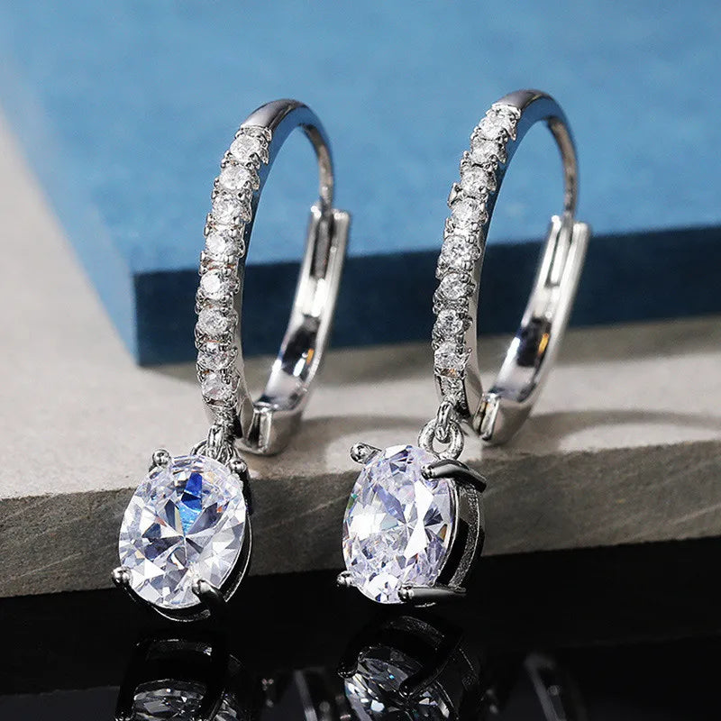 MODYLE Adult Women Imitation Cubic Zirconia Clear Diamond Stones Fine Jewelry Geometric Round Shaped Sterling Silver-Plated  Metal Dangle Water Drop Hoop Earrings
