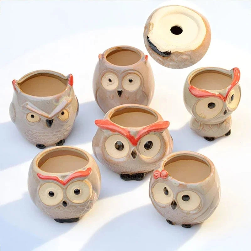 No-EN-Name-Null Nordic Home Garden Glazed Porcelain Ceramic Small Cute Cartoon Owl Shaped Design Round Mouth Animal Flower Pots/Colors-Black/Animals