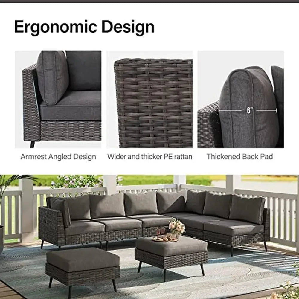 XMSJ Outdoor 8 PCS Modern Free-Standing L-Shaped Soft Comfortable Gray Synthetic Olefin Fabric Thick Sponge Cushions PE Rattan Metal Frame Sectional Sofa Furniture Sets/Table / 2 Corner Chairs/4 Armless Chairs/2 Ottoman Chairs/Weight Max : 300 LBS