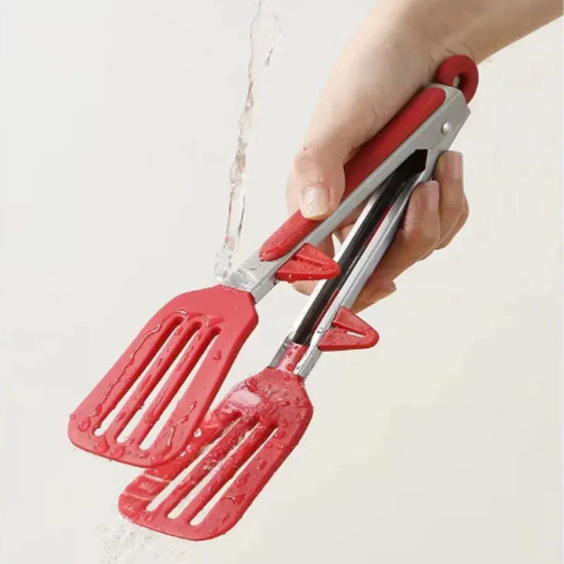Kitchen 9-Inch Silver Stainless Steel Food Clip-Bracket Silicone Coated Handles-Tongs Tips-Padlock Hang Hole/Colors-Red/Beige/White/Black/Silver/Multicolor