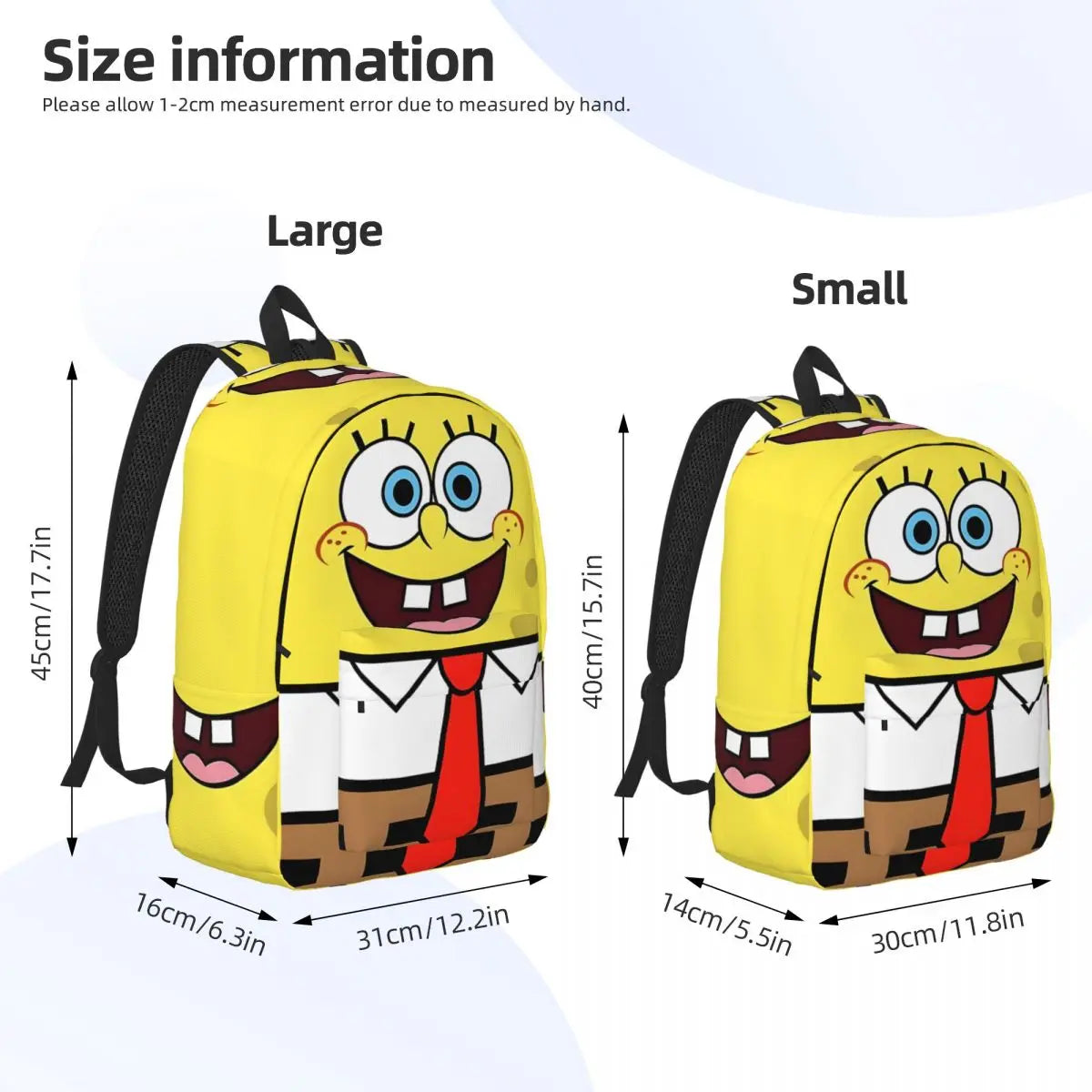 MINISO Kids Large Kindergarten Yellow SpongeBob Sturdy Square Pants Design Front Zippers Lightweight Waterproof Canvas Fabric Black Adjustable Shoulder Straps-Handle External Pockets Single Compartment School Backpacks/Colors-Yellow/Multicolor