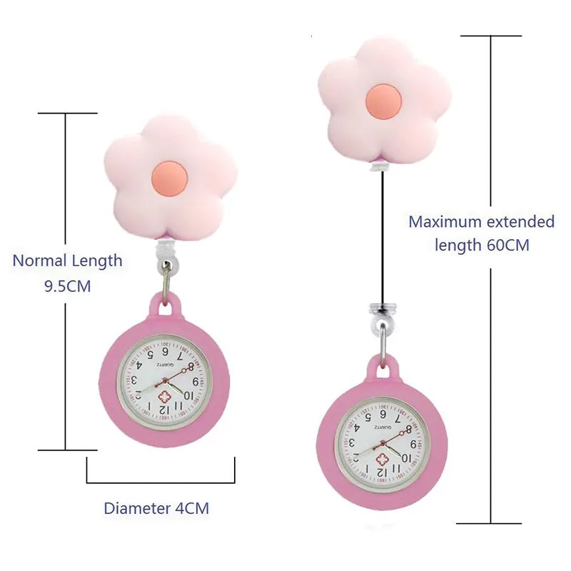 AIYOHI Quartz Analog-Digital Display Round Glass Face Silicone Covered Metal Alloy Case Cute Cartoon Animals-Fruit-Flowers-Cat Paw-Smiling Cloud Design Nurses-Doctors Retractable FOB Pocket Watches
