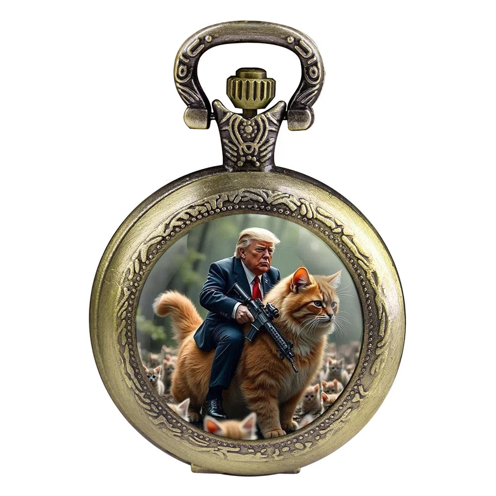 No-EN-Name-Null Adults Antique Quartz Analog Display Acrylic Face Black Metal Alloy Case Humorous Funny Trump Riding Red Tabby Cat-Holding A Automatic Weapon Design Glass Dome Cover The Durable Chain-Pocket Watches/Colors-Gold/Silver/Black/Bronze