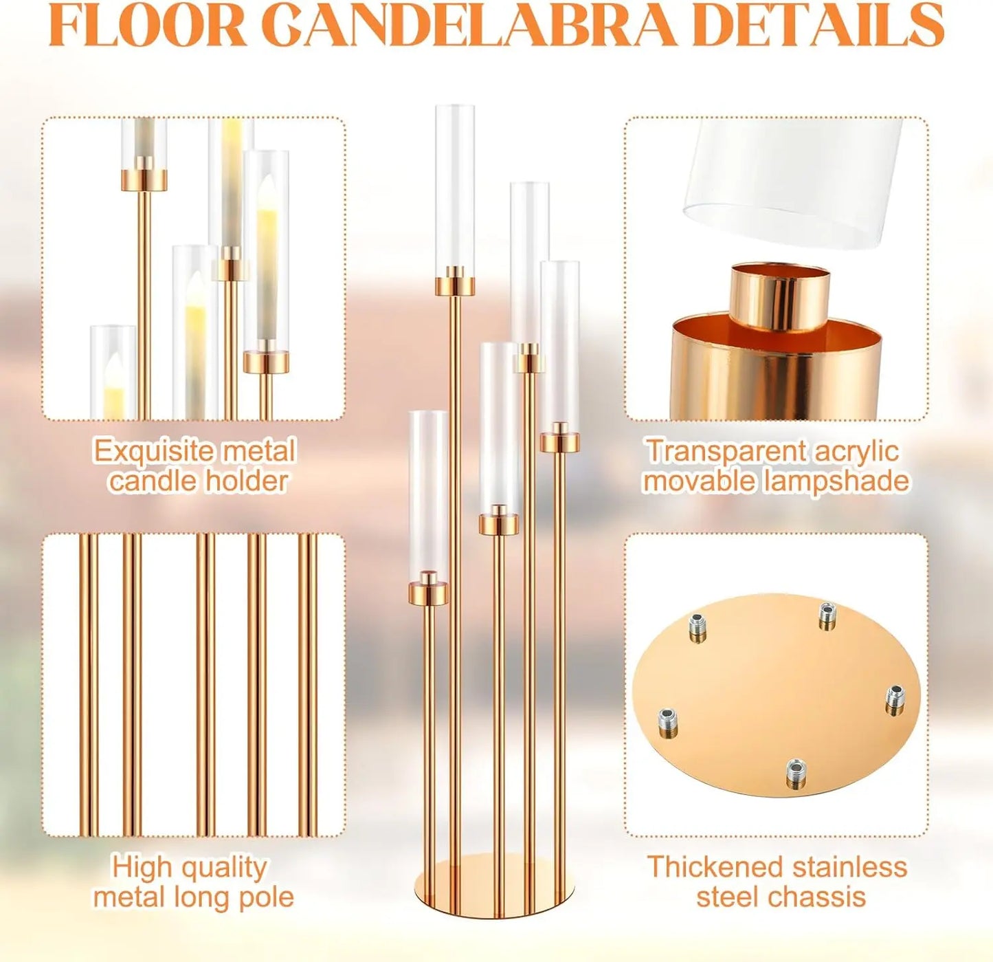 MS-MADE Elegance 4 PCS Tall Five Crowned Arms Gleaming Gold Metal-Acrylic Glass Shades Round Cylindrical Shaped Candelabra Wedding Floor Candle Holders