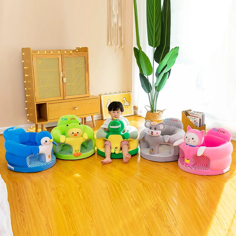 Babies-Toddlers Soft Plush Velvet Fabric Upholstered Padded Electric Embroidery Cute Cartoon Animal Images Anti-Slip Bottom Supported Learning Seat Chairs/Colors-White/Blue/Pink/Yellow/Striped/Multicolor/Checkered/Animals