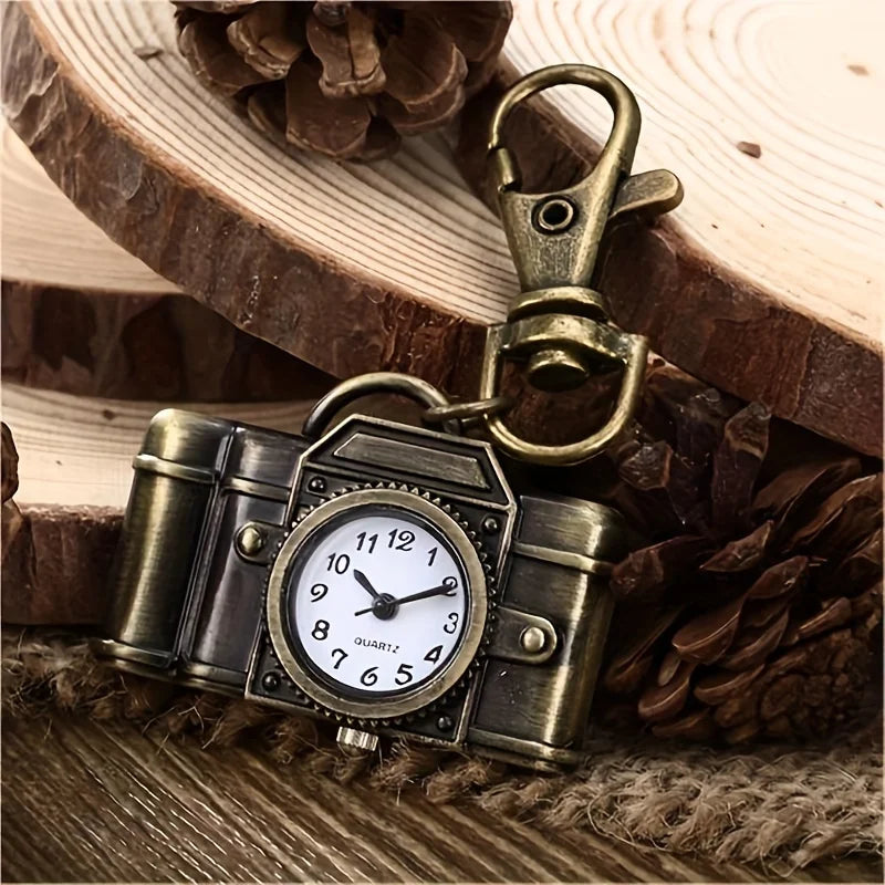 No-EN-Name-Null All Ages Adults Classic Antique Quartz Analog Display Brown-Bronze Cute Cartoon Retro Camera Shaped Design Backpack Keychain Pocket Watches