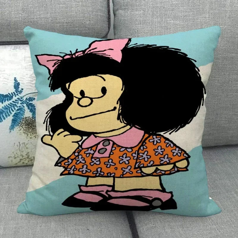 No-EN-Name-Null Customized Multicolor Square Machine Washable Soft Linen-Cotton Fabric Printed Mafalda Pillowcases/ Sizes: 45X45(One Sided)/Colors-Red/Purple/Beige/White/Pink/Blue/Black/Floral/Multicolor