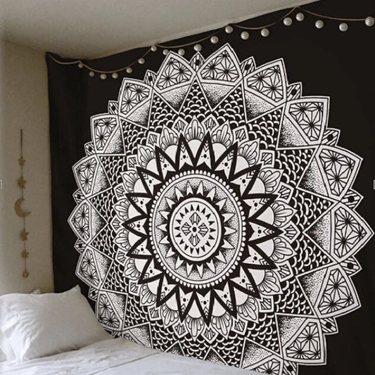 Geometric Color Printed Black Background Mandala Wall Hanging Cotton-Polyester Tapestries