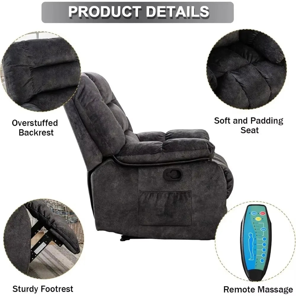 No-EN-Name-Null Modern Gray Upholstered Soft Overstuffed Padded Polyester Fabric AC-Powered Electric Heat-Vibration Combo Massage Recliners