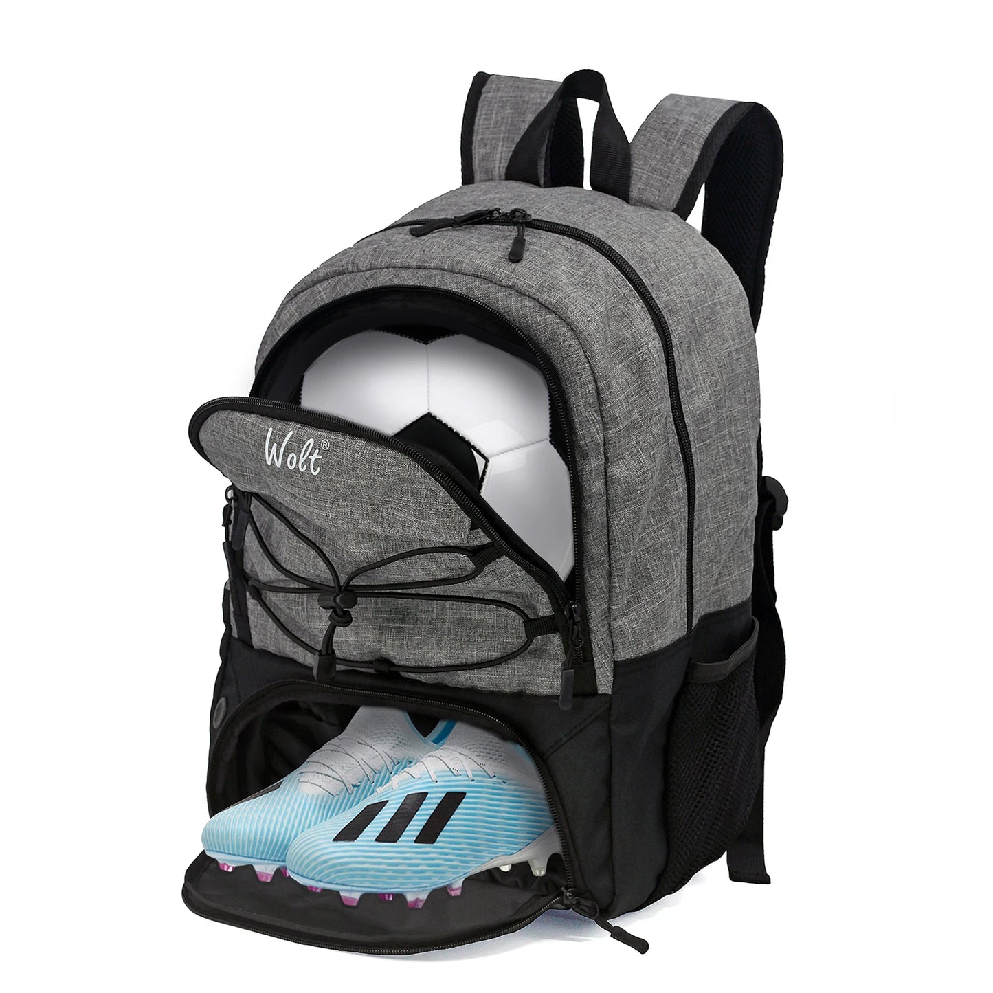 WOLT Young Adults Large Softback Black Polyester Fabric Shoulder Straps-Handle Built-In 16 Inch Padded Laptop Compartment Zipper Front External Pockets Sports Soccer School Backpacks/Colors-Black/Gray/Red/Pink/Blue